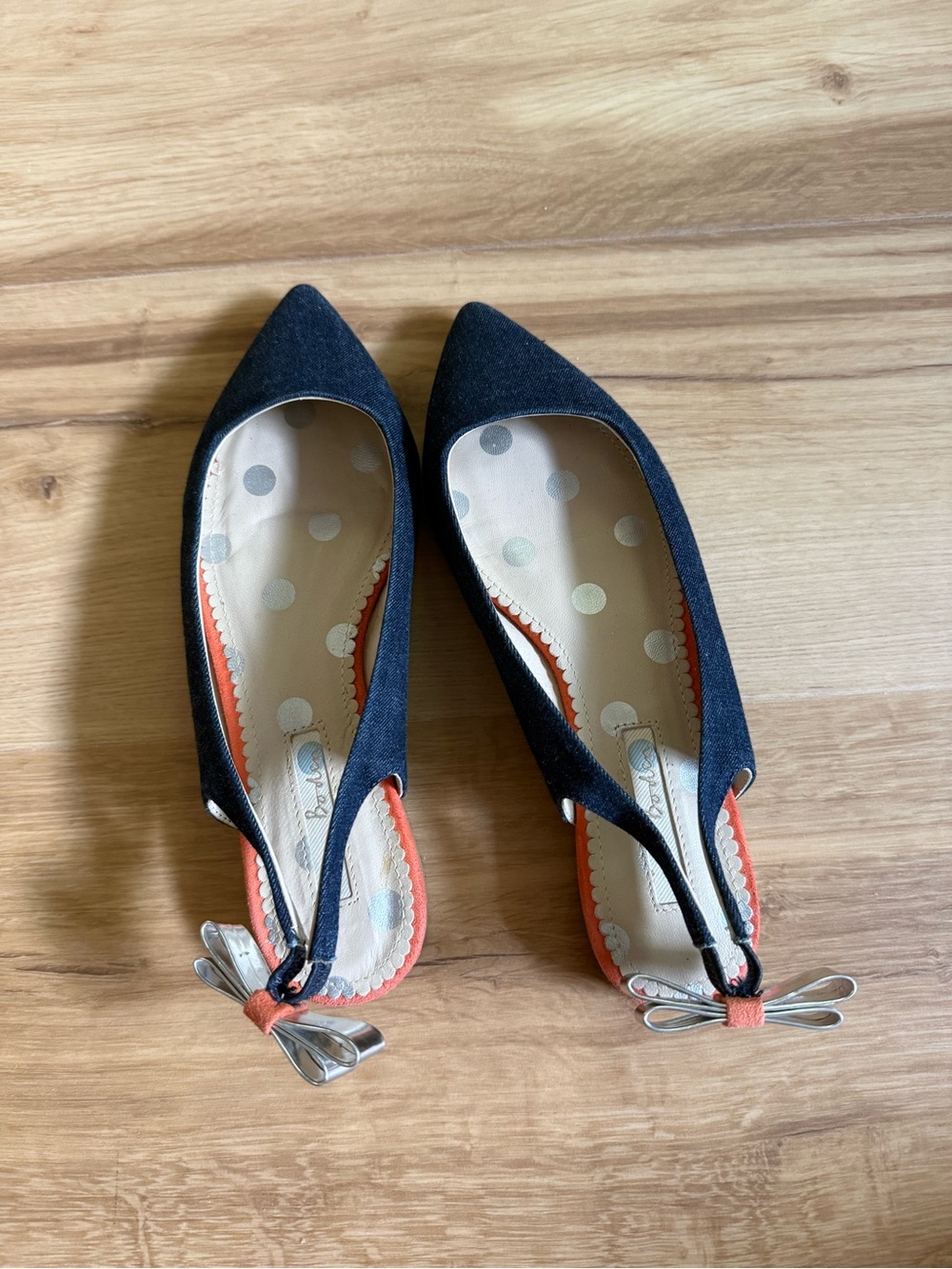 Boden Navy Pointed Slingback Flats with Coral Trim and Silver Bow Accent